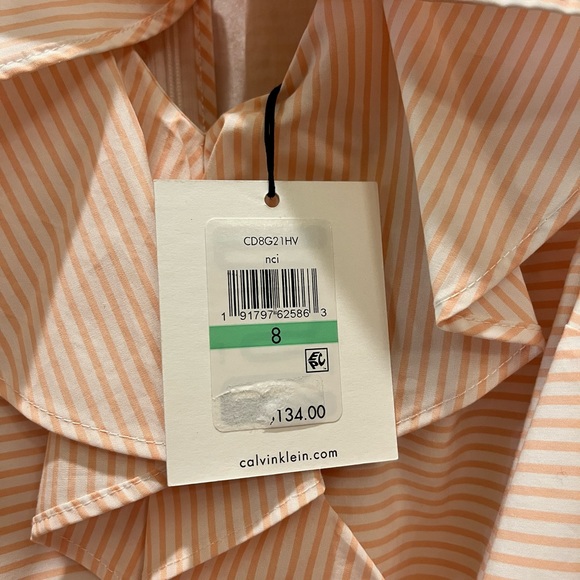 Calvin Klein NWT - Pink/White Striped Ruffle Neck Wrap Dress with Waist Tie - Picture 5 of 5